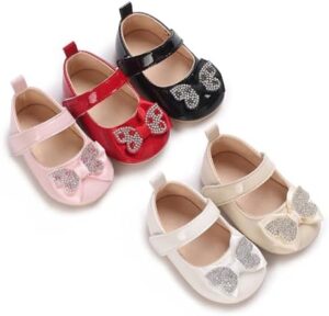 Clowora Infant Toddler Baby Girl Dress Shoes Mary Jane First Walking PU Leather Princess Wedding Rubber Sole Non-Slip with Bowknot Floral Flats - Image 6