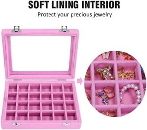 Velvet Jewelry Box 24 Grid Jewelry Ring Display Organiser Box Tray Holder Earrings Storage Case for Girls Wife Mom Women (Pink) - Image 3