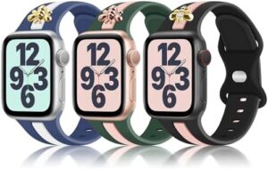 3 Pack Designer Sport Band Compatible with Apple Watch Band 38mm 40mm 41mm 42mm 44mm 45mm 49mm, Soft Silicone Sport Strap with Bee Decoration for iWatch Series 9 8 7 6 5 4 3 2 1 SE