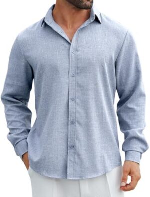 MAPICK Men's Linen Shirt Long Sleeve Button Down Casual Shirts Untucked Dress Shirts Beach Vacation Fall Tops