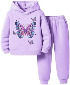 Toddler Girl Clothes-Butterfly Patterned Printed Hoodie & Sports Pants Set for Little Girls Size(3-7 T)