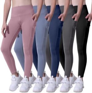 CHRLEISURE Girls' Athletic Leggings with Pockets, 5 Packs Kids Teen Dance Yoga Workout Running Pants for 5-15 Years