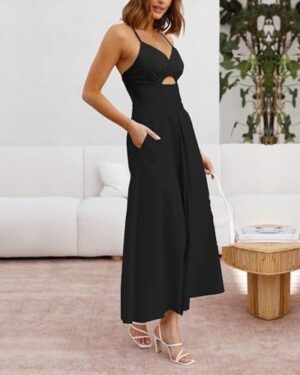 BTFBM Women 2025 Summer Spaghetti Strap Dress Sleeveless V Neck Cutout Slit Casual Beach Party Maxi Dresses with Pockets - Image 3