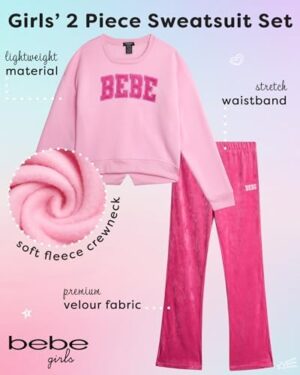 bebe Girls Activewear Set - Fleece Pullover Sweatshirt and Flare Leggings for Girls with Ribbed Velour Applique Logo (7-12) - Image 2