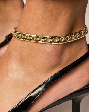 PAVOI 14K Gold Plated Chunky Curb Chain Anklet for Women | Lightweight Flat Curb Link Chain Anklets - Image 2