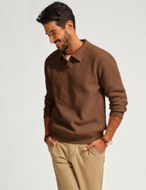 PJ PAUL JONES Men's Polo Shirts Long Sleeve Knit Polo Sweater Cable Knit Textured Sweater - Image 3