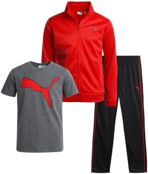 PUMA Boys' Pants Set - 3 Piece Athletic T-Shirt, Zip Up Jacket, Jogger Pants - Boys Activewear Tricot Jogset (4-16)