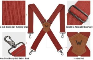 WELKINLAND 2Inch-Wide Red Suspenders, Heavy-Duty adjustable suspenders, X shape suspenders, Mens suspenders for jeans, Work suspenders for men, Men suspenders with hooks - Image 8