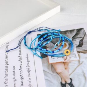 COLORFUL BLING 4 pieces Summer Surf Anklet Bracelet Adjustable Chain Braided Rope Bracelet Sunflower Friendship Bracelet Beach Surf Jewelry Female-B blue - Image 2