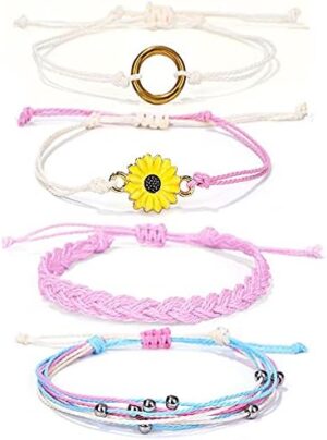 Caiyao 4 Pcs Summer Surfer Wave Anklet Bracelets Adjustable Strand Braided String Rope Bracelets Waterproof Handmade Sunflower Bracelets Anklets Jewelry for Women