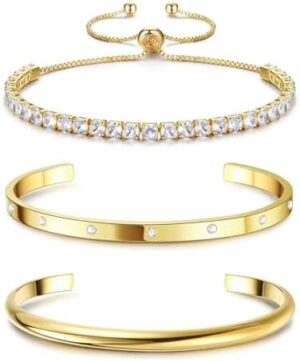 Fansilver 14K Gold Bracelets for Women Trendy Bangle Cuff Chain Bracelets Set Gold Plated Paperclip Bead Tennis Bracelet Chunky Gold Filled Bracelet Stack 3/4PCS