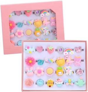 24pcs Little Girl Jewel Rings, Adjustable, No Duplication Kids Play Ring in Box,Pretend Play and Dress Up Rings for 4-12 Year Old Girl Birthday Christmas Holiday Gifts