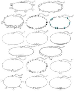 Softones 16Pcs Ankle Bracelets for Women Gold Silver Two Style Chain Beach Anklet Bracelet Jewelry Anklet Set,Adjustable Size