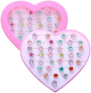 36pcs Little Girl Rhinestone Gem Rings,Adjustable,Random Color Style Diamond Kids Play Rings in Box,Pretend Play and Dress Up Rings for 4-12 Year Old Girl Birthday Gifts, 3 4 5 6 7 8 9 10 11 12