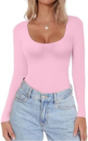 Ekouaer Women Long Sleeve Shirt Scoop Neck Tops Slim Fit Basic Top Thermal Undershirts Base Layer Tee