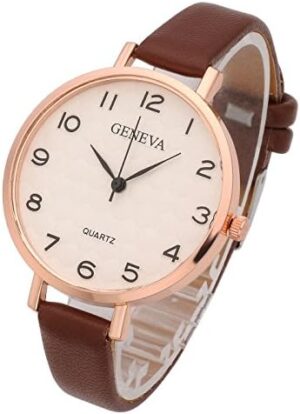 Top Plaza Womens Ladies Analog Quartz Wrist Watch Fashion Simple Watch with Thin Brown Leather Band Arabic Numerals