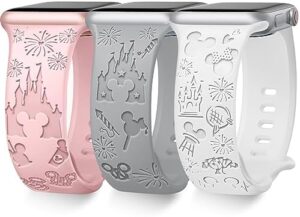 3 Pack Cartoon Engraved Band Compatible with Apple Watch Bands 40mm 44mm 41mm 38mm 45mm 42mm 49mm Women,Cute Pattern Strap Soft Silicone Wristbands for iWatch Series 8 7 6 SE 5 4 3 2 1 Ultra