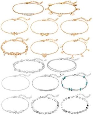 Softones 16Pcs Ankle Bracelets for Women Gold Silver Two Style Chain Beach Anklet Bracelet Jewelry Anklet Set,Adjustable Size