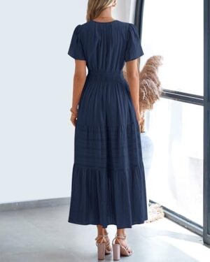 BTFBM Womens Summer 2025 Casual Midi Maxi Dresses Lightweight Short Sleeve V Neck Elastic Waist Boho Beach Dress Pockets - Image 3