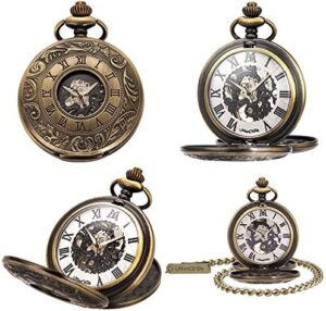 ManChDa Mechanical Roman Numerals Dial Skeleton Pocket Watches with Box and Chains for Mens Women - Image 6