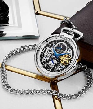 Stuhrling Orignal Mens Automatic Pocket Watch Skeleton Dial Mechanical Movement with and Stainless Steel Chain -Dual Time AM/PM Sun Moon Subdial - Image 2