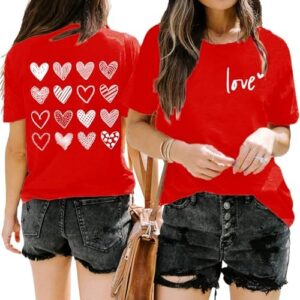 Valentine's Day Shirt for Women Love Heart Graphic Valentines Gifts Casual Short Sleeve Hearts Tee Tops