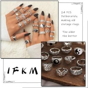 IFKM Vintage Silver Knuckle Rings Set for Women, Stackable Joint Finger Statement Rings Bohemian Retro Hollow Carved Midi Rings, Boho Halloween Skeleton Skull Snake Heart Chunky Stacking Rings Pack - Image 3