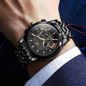 OLEVS Men's Luxury Watch Waterproof Luminous Easy Read Chronograph Watches Full Gold/White Dail/Black Face with Calendar Wristwatch - Image 4