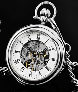 Stuhrling Original Men's Pocket Watch Stainless Steel Analog Skeleton Watch Hand Wind Mechanical Movement Stainless Steel Chain - Image 2