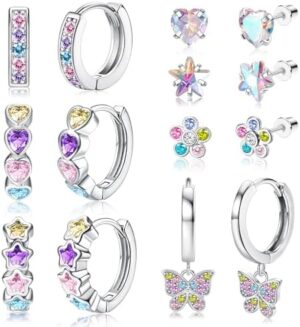 BESTEEL 7 Pairs Hypoallergenic Silver Huggie Hoop Earrings for Girls Women Small Surgical Steel Screwback Earrings Cute Dangling Earrings Pink Colorful CZ Screw Back Stud Earrings Set for Sensitive Ears(over 3 years old)