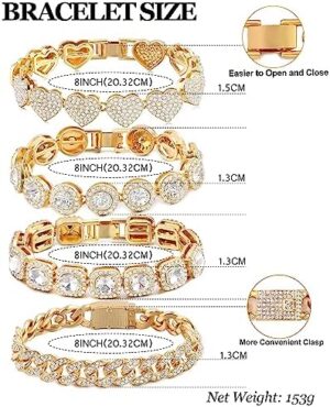 4PCS Gold Bracelets for Women Silver Clustered Tennis Bracelet for Women Heart Round Diamond Cuban Bracelet Layered Link Bracelet Set Fashion Jewelry for Women Set - Image 7