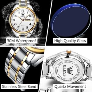 Men's Casual Stainless Steel Watch, Big Face Easy to Read Analog Quartz Watch with Day and Date, Classic Waterproof Diamond Roman Arabic Numerals Dial Dress Watch for Men, Gold Silver Black Band - Image 5