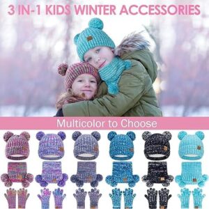 Kids Winter Hat Gloves Scarf Set, Girls Toddler Children Beanie with Pom Knit Neck Warmer Gaiter Mittens Fleece Lined Set - Image 6