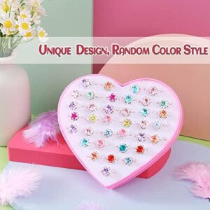 36pcs Little Girl Rhinestone Gem Rings,Adjustable,Random Color Style Diamond Kids Play Rings in Box,Pretend Play and Dress Up Rings for 4-12 Year Old Girl Birthday Gifts, 3 4 5 6 7 8 9 10 11 12 - Image 2