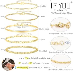 iF YOU Gold Bracelets for Women, 14K Gold Plated Stackable Bead Ball Cuban Link Paperclip Bracelets Bracelet Set, Layered Adjustable Bracelets for Women Waterproof Jewelry for Gift 5pc - Image 6