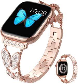 Fitlink for Apple Watch Band 38mm 40mm 41mm 42mm 44mm 45mm 49mm, Bling Butterfly Jewelry Diamond Rhinestone Metal Strap for Apple Watch Series 8/7/6/5/4/3/2/1/SE/SE2/Ultra