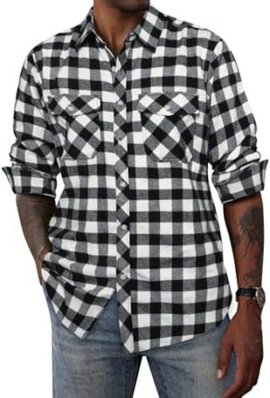 PJ PAUL JONES Mens Flannel Plaid Shirt Casual Long Sleeve Button Down Shirts with Pockets