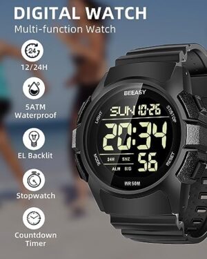 Beeasy Men Digital Sports Watch,Waterproof Watch with Stopwatch Countdown Timer Alarm Function Dual Time Rubber Strap Wrist Watch for Men/Student - Image 2