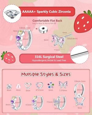 BESTEEL Hypoallergenic Silver Stud Hoop Earrings for Girls Women Surgical Steel Flatback Earrings Cute Kids Earring Pink Colorful CZ Earrings Set Toddler Earring for Sensitive Ears Age over 4 years old - Image 5