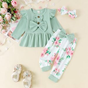 Baby Girl Clothes Infant Toddler Outfits Ruffle Top + Floral Pants + Bow Headband Set Baby Girls' Clothing - Image 2