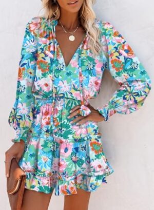 Dokotoo Spring Dresses for 2025 Boho Floral Drawstring V Neck Smocked Long Sleeve Ruffle Tiered Chiffon Mini Short Dress - Image 3