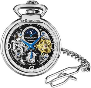 Stuhrling Orignal Mens Automatic Pocket Watch Skeleton Dial Mechanical Movement with and Stainless Steel Chain -Dual Time AM/PM Sun Moon Subdial