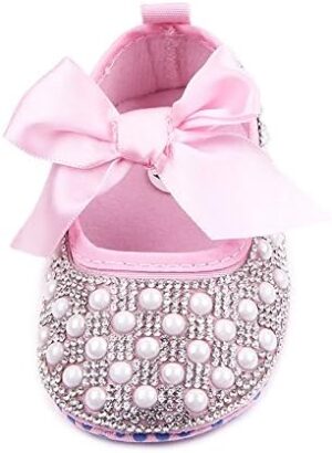 Baby Girls Mary Jane Flats Sparkly Bow Diamonds Princess Dress Shoes Anti-Slip Infant Crib Shoes - Image 2