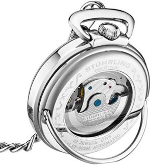 Stuhrling Orignal Mens Automatic Pocket Watch Skeleton Dial Mechanical Movement with and Stainless Steel Chain -Dual Time AM/PM Sun Moon Subdial - Image 4