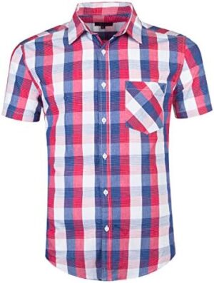 Mens Short Sleeve Cotton Casual Plaid Button Down Shirts Work Slim Fit Western Dress Shirt for Men