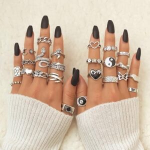 IFKM Vintage Silver Knuckle Rings Set for Women, Stackable Joint Finger Statement Rings Bohemian Retro Hollow Carved Midi Rings, Boho Halloween Skeleton Skull Snake Heart Chunky Stacking Rings Pack - Image 6