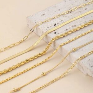 6 PCS Gold Ankle Bracelets for Women, 14k Plated Gold Layered Anklet Set Waterproof Herringbone Paperclip Beaded Figaro Cuban Link Chain Beach Stackable Anklet Bracelet Jewelry Gift for Women - Image 7