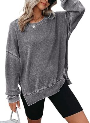 Dokotoo Womens Oversized Waffle Knit Crewneck Sweatshirts Long Sleeve Side Slits Casual Pullover Sweatshirt Tops