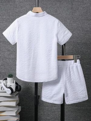 Boy's 2 Piece Outfits Textured Short Sleeve Button Down Shirt and Shorts Clothing Set - Image 2