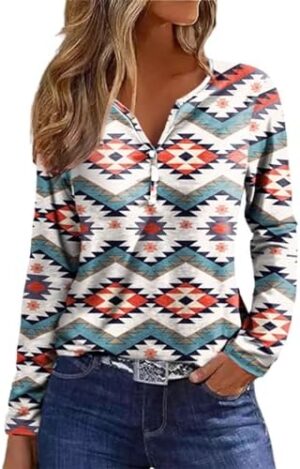 Womens Long Sleeve T Shirts Aztec Cow Print Western Henley Tops Ladies Graphic Tees Casual V Neck Loose Fit Blouse